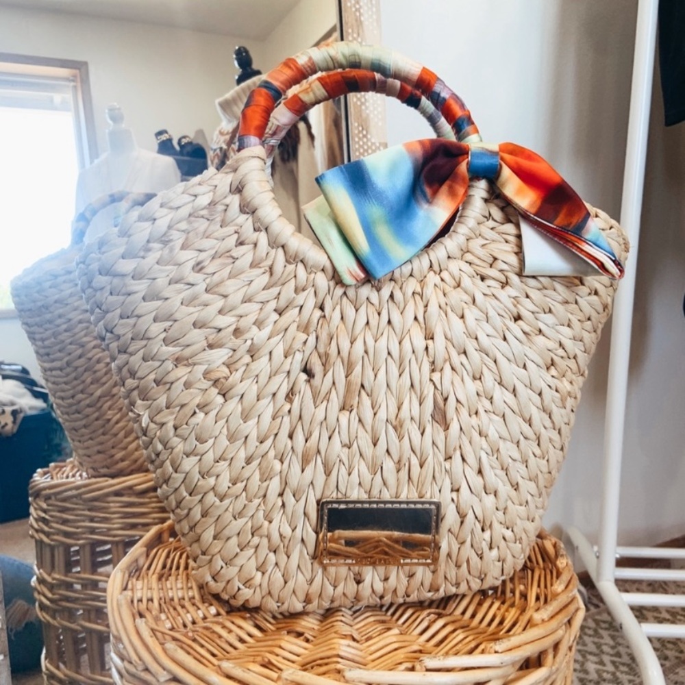Ted Baker Silk Lined Straw Neutral Tote Bag.